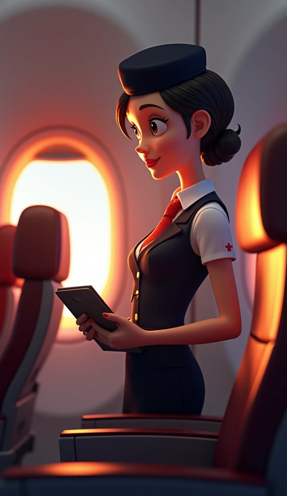 A flight attendant at an airplane checking the cabin, 3d , pixar style, cinematic, masterpiece