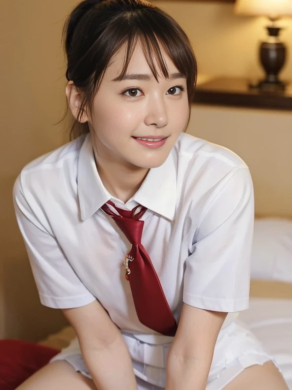 (Masterpiece, Best quality:1.3), (Ultra realistic, Photo-realistic:1.2), Natural light, 28 years old actress, Japanese beautiful 2 women, Neat and clean, (school uniform, collared shirts, white shirts, short sleeve, tie, short skirt:1.1), (unbutton:1.1), white sock, (Ponytail:1.2), (Beautiful faces), Oval face, clear, Beautiful eyes, Kind eyes, Clear skin, Small face, Beautiful mouth, Small mouth, Natural makeup, Approachable, Seductive smile, (Seductive pose:1.2), Beautiful thighs, Bedroom eyes, Embarrassed, Blush, Luxury hotel Suite room, On bed, (nsfw:1.1), obscene reality of girls, (lesbian couple, petting together:1.1), grabbing crotch, erotic hug, 