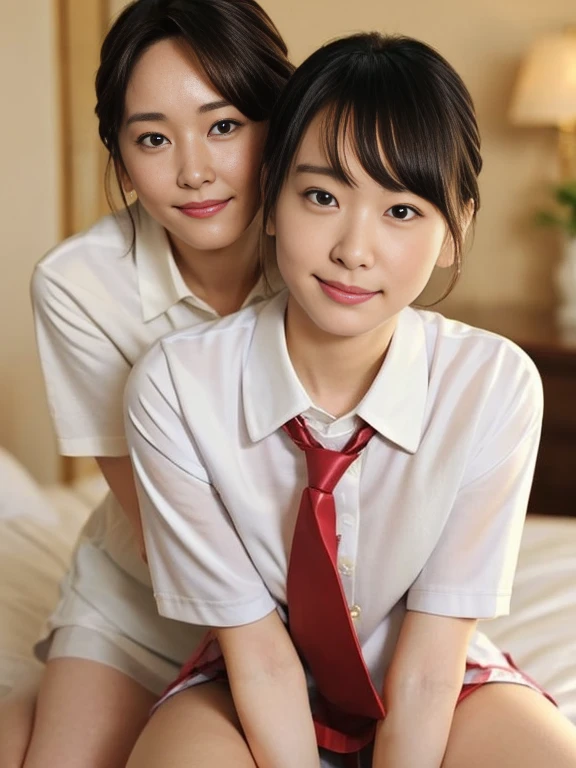(Masterpiece, Best quality:1.3), (Ultra realistic, Photo-realistic:1.2), Natural light, 28 years old actress, Japanese beautiful 2 women, Neat and clean, (school uniform, collared shirts, white shirts, short sleeve, tie, short skirt:1.1), (unbutton:1.1), white sock, (Ponytail:1.2), (Beautiful faces), Oval face, clear, Beautiful eyes, Kind eyes, Clear skin, Small face, Beautiful mouth, Small mouth, Natural makeup, Approachable, Seductive smile, (Seductive pose:1.2), Beautiful thighs, Bedroom eyes, Embarrassed, Blush, Luxury hotel Suite room, On bed, (nsfw:1.1), obscene reality of girls, (lesbian couple, petting together:1.1), grabbing crotch, erotic hug,