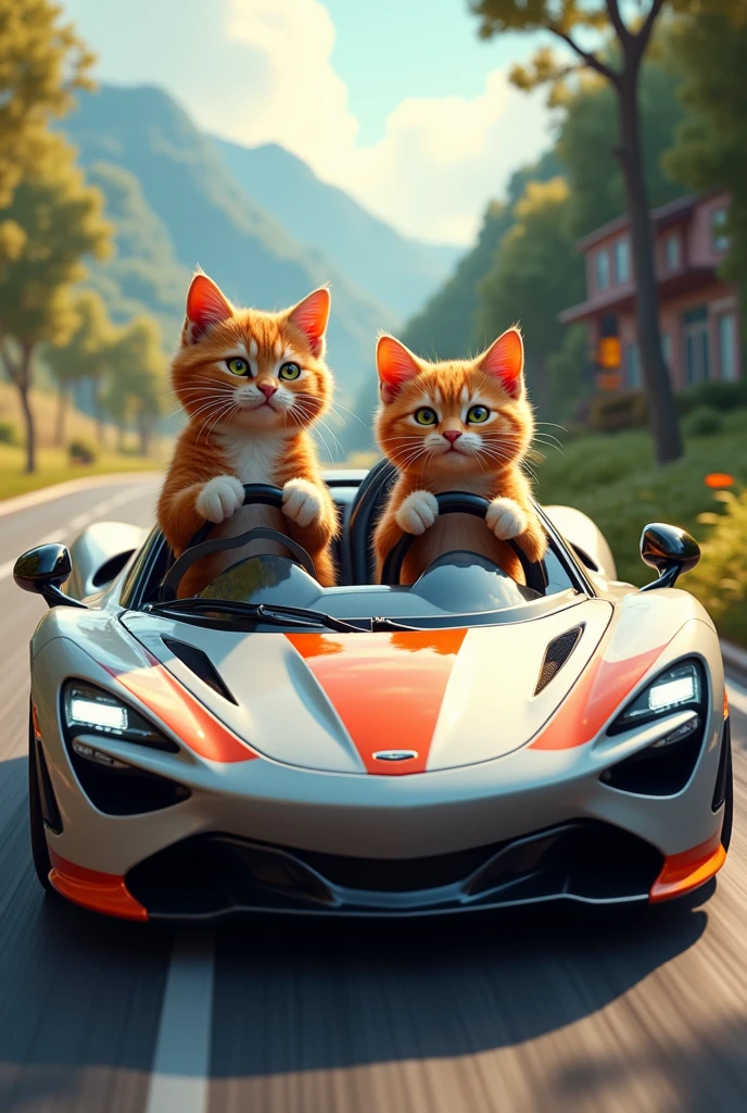 Two cats driving a sports car