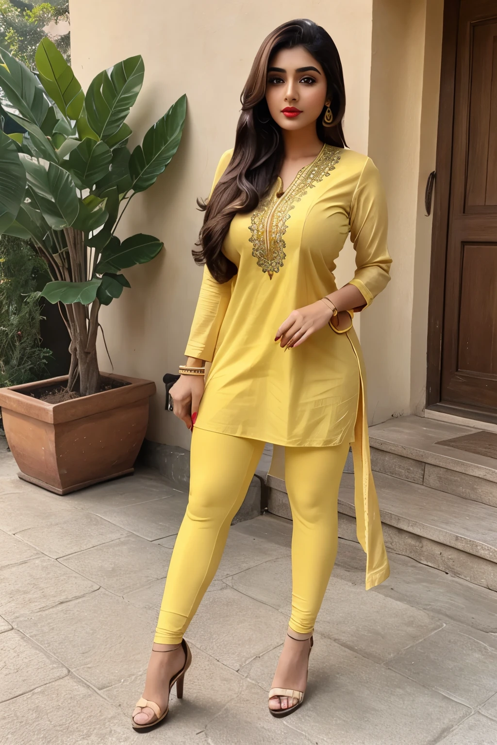 A 20s gorgeous pakistani girl with big boobs in tight yellow kurti and leggings, red lips, daytime, styling, long hair, heel