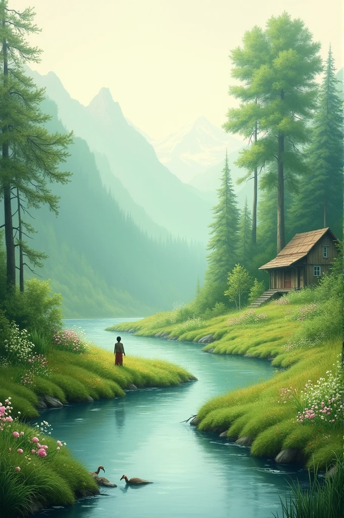 Canvas painting, Soft look, grass, plants, large trees, river, little mountains, hut, painting look, a on left side in a flower garden