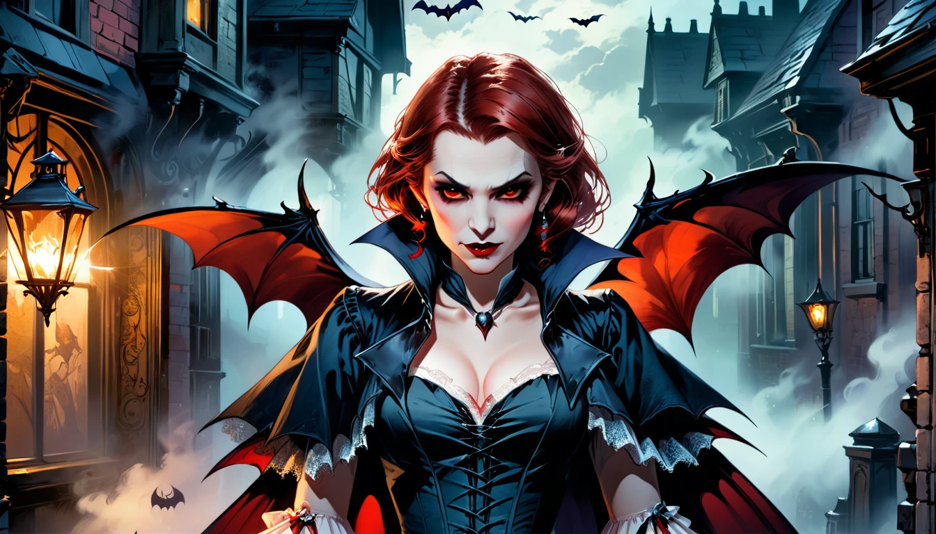 ((a female vampire's pair of glowing eyes shines)) close up picture, behind the mists and fog of the night, you see only the pair of eyes, fantasy dark alley background, the fog fills the alley, you see only the glowing eyes, Dark Art Painting Style