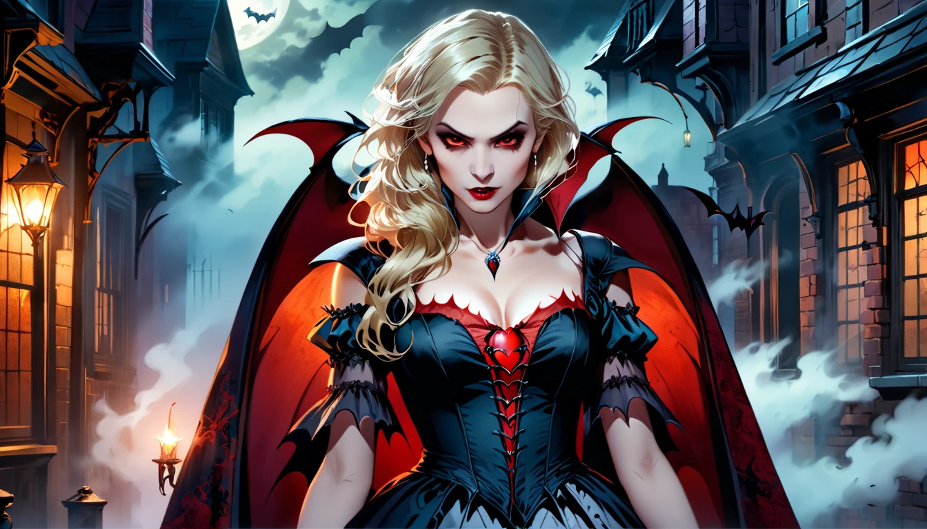 ((a female vampire's pair of glowing eyes shines)) close up picture, behind the mists and fog of the night, you see only the pair of eyes, fantasy dark alley background, the fog fills the alley, you see only the glowing eyes, Dark Art Painting Style