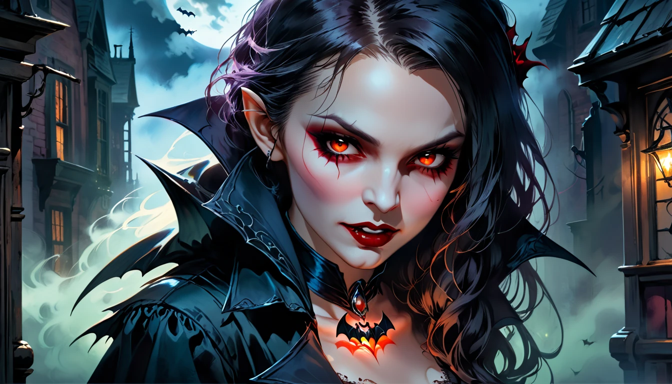 ((a female vampire's pair of glowing eyes shines)) close up picture, behind the mists and fog of the night, you see only the pair of eyes, fantasy dark alley background, the fog fills the alley, you see only the glowing eyes, Dark Art Painting Style
