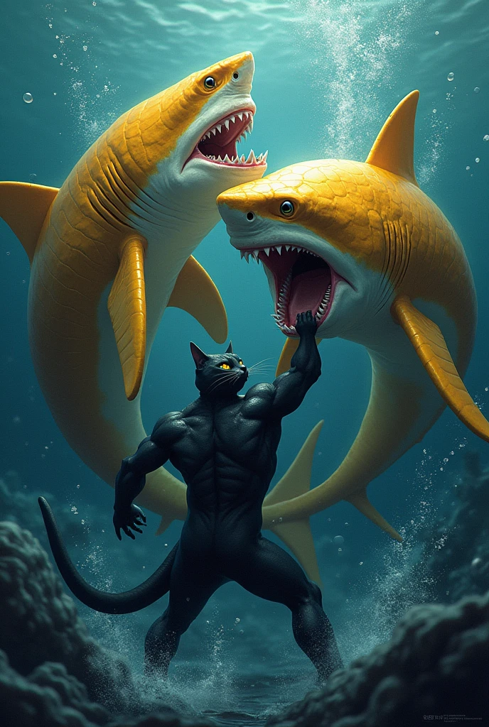 two huge golden shark fighting with big black muscular cat under the water