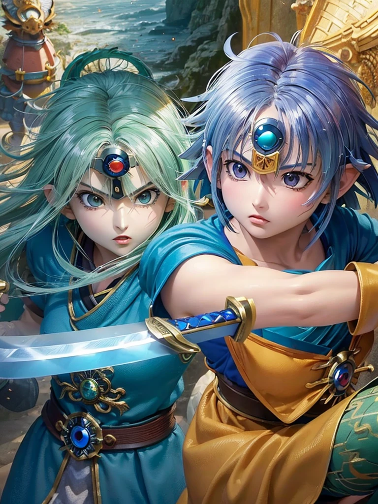 Only one Beautiful detailed japanese girl with green wavey hair in Yamato Nadeshiko style, Break,short haircut, wearing blue leotard, Break,off-shoulder, black pareo skirt, Break,red cloak, Break,(circlet, wielding evil sword, fantasy Dragon Quest inspired scene , highest quality, 8K, highly detailed faces and bodies, masterpiece, high quality, realistic,photorealistic, detailed description, vibrant colors, studio lighting, physically based rendering:2.0)