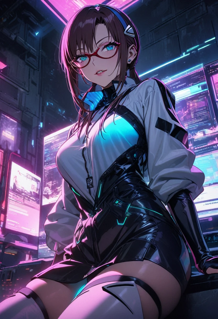 1girl, makinami mari illustrious,glasses, neon genesis evangelion, cyberpunk fashion, futuristic outfit, young girl, high-tech photoshoot, neon lighting, dystopian urban background, masterpiece, best quality, absurdres,detailed beautiful face,cowboy shot,angle from below,
Outfit details:

Holographic bodysuit with circuit board patterns
Asymmetrical black mini-skirt with LED light trim
Clear PVC jacket with embedded flexible OLED displays,in the process of being removed, comfortable hotel robe visible,futuristic panties,

Accessories:

Metallic arm bands with touch-sensitive controls
Thigh-high boots with built-in holographic displays
Fingerless gloves with exposed circuitry
Multiple ear cuffs with blinking LED lights

Makeup:

Metallic eyeshadow in silver and electric blue
Holographic lip gloss



Pose: sitting on the high-tech bed,holding knees:1.3, seductive expression, slightly disheveled hair

Lighting: Soft, warm ambient lighting gradually dimming to a restful level, subtle blue glow from electronic devices

Atmosphere: Tranquil and comfortable, transition from night out to personal relaxation, blend of luxury and advanced technology