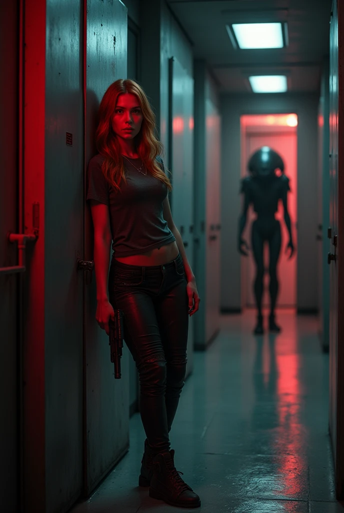 (full body shot:1) photorealistic image of a (standing pose:1) woman, ultrarealistic, photography, long red hair, woman, 24 years old, hourglass figure, perfect body, natural medium breasts, Full body picture, she is on a space station, in a dark room, only red alarmlights are on, she is wearing a tshirt and hot pants, she is holding a pulserifle, she is leaning at a wall next to a door, she is hiding from the xenomorph in the other room, a black xenomorph alien is walking in the background, she is looking scared