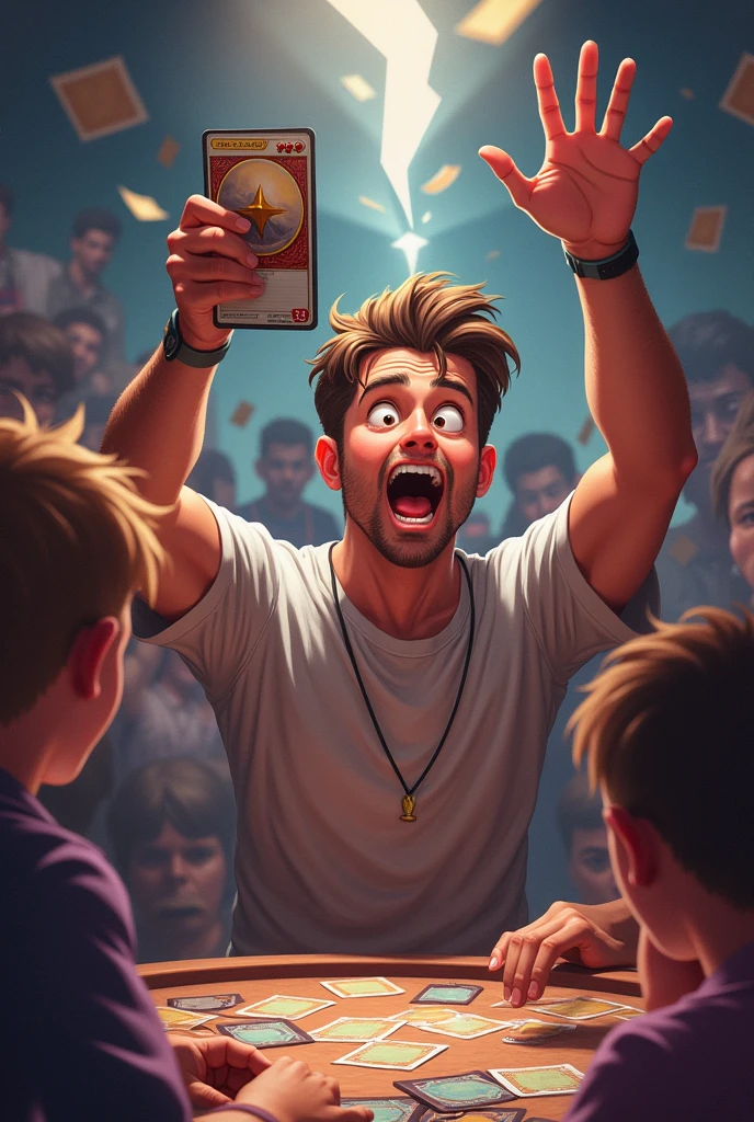 When you draw your best card on the last turn"
Prompt: A person with a look of pure joy and disbelief, holding up a card with an excited expression. Background should show a TCG setting, like a table with other cards. Text: "The plot twist no one saw coming