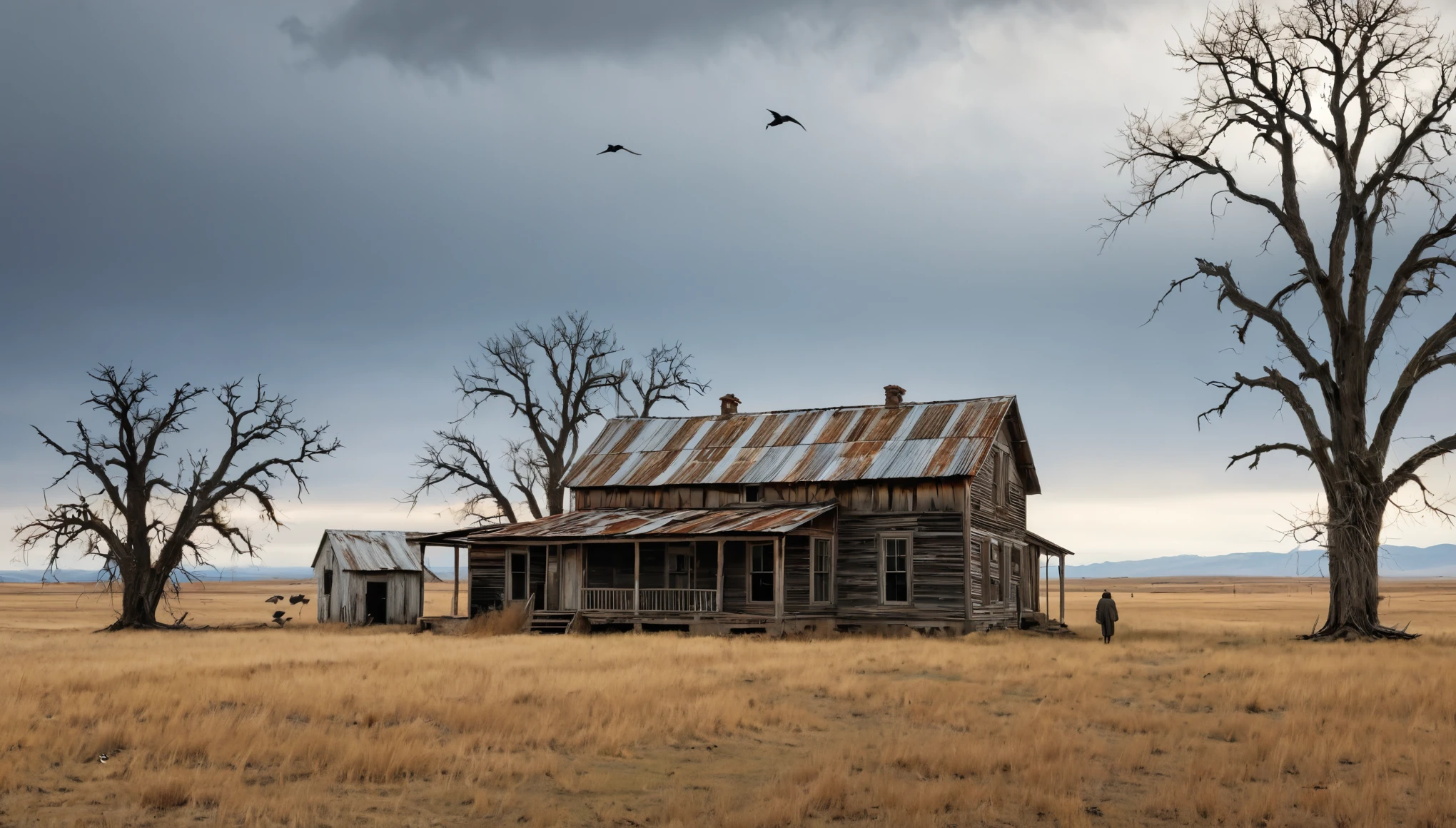 A desolate, rustic farmhouse in an expansive, barren field. The house has an old, weathered appearance with corrugated metal roofing and wooden siding, showcasing signs of decay. The landscape features dry, yellowed grass and leafless trees under an overcast sky. Two figures stand near the house, adding to the eerie and deserted atmosphere. A flock of birds flies overhead, enhancing the scene's somber and isolated mood. Hyper realistic photo, vibrant colors, 16k