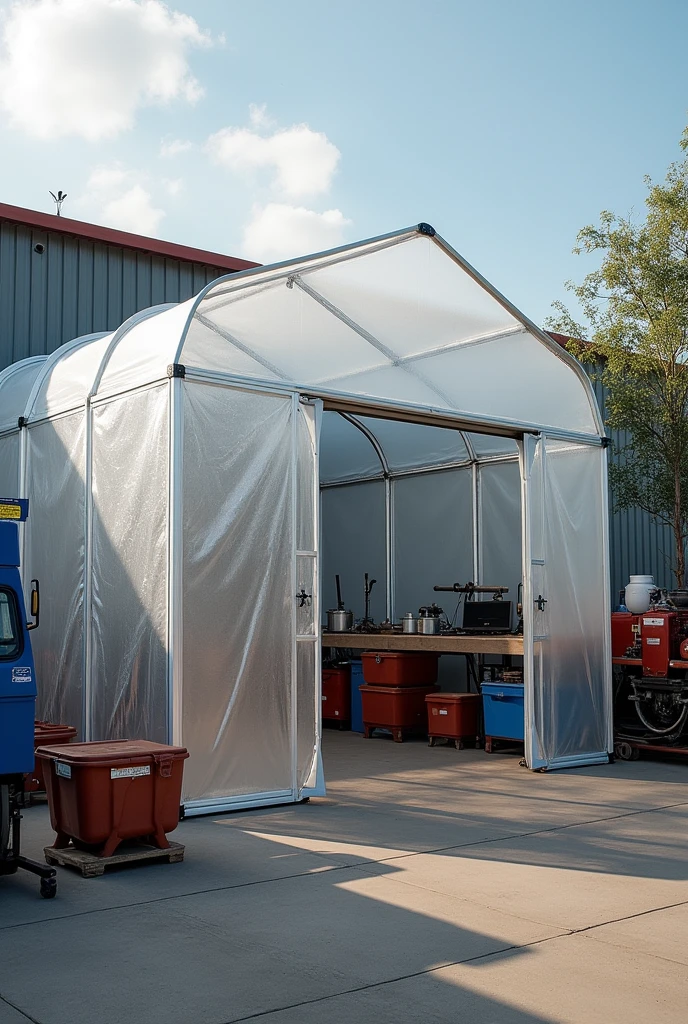 Realistic image of a transparent canvas tent for welding work