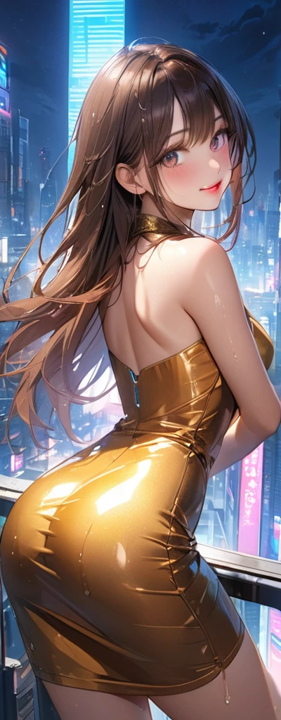 Straight Hair、Brown Hair,((Highly detailed golden sexy dress)), Looks about , (beautiful girl: 1.3),1girl,Highest quality,8k,Highly detailed CG unit wallpaper,masterpiece:1.2,Highest quality,Ultra-high resolution,RAW Photos,Realistic textured skin,Cinema Lighting,happy,Big eyes,Detailed eyes,Wet,Wet,(Glossy lipstick,Perfect Makeup,Ultra-high definition beauty face,Huge building,Metropolis,(Big, round and beautifully shaped butt),(Standing on the rooftop of a skyscraper in Cyber City),(Panoramic View),night,Detailed neon lights,