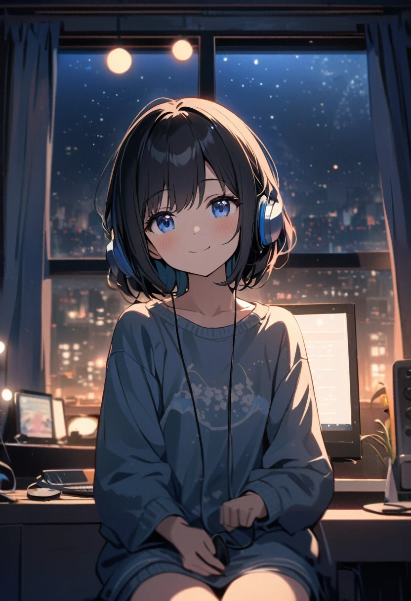 One beautiful girl, alone, She has a sweet smile and a flat chest., short hair, Black Hair, blue eyes, Beautiful depiction,A girl sitting in front of a computer in a cozy bedroom., Listen to music in a cozy room (night), Use headphones, On the roof, (beautiful night views from windows), ,Very detailed