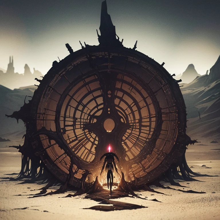 Astral world. Theonomy. Near the black hole. (Esoteric art style) Magical atmosphere from Kabbalah. Demigurge-like animal from Plotinus. Desert atmosphere color. Ruined lines((dark tentacle horror biopunk atmosphere)), Iron desert, Metal shavings, Dark and hot desert, Abandoned sad desert wasteland landscape, (despise the style of video games), Horror atmosphere, existence of something terrible, Highly detailed biopunk background, Background by Hans Giger, masterpiece. Creating Demigurge from Plotinus' writings to seven astral spheres. Esoteric graphic-like art style、Amon-like demon in the front、Cthulhu、Ithaqua
