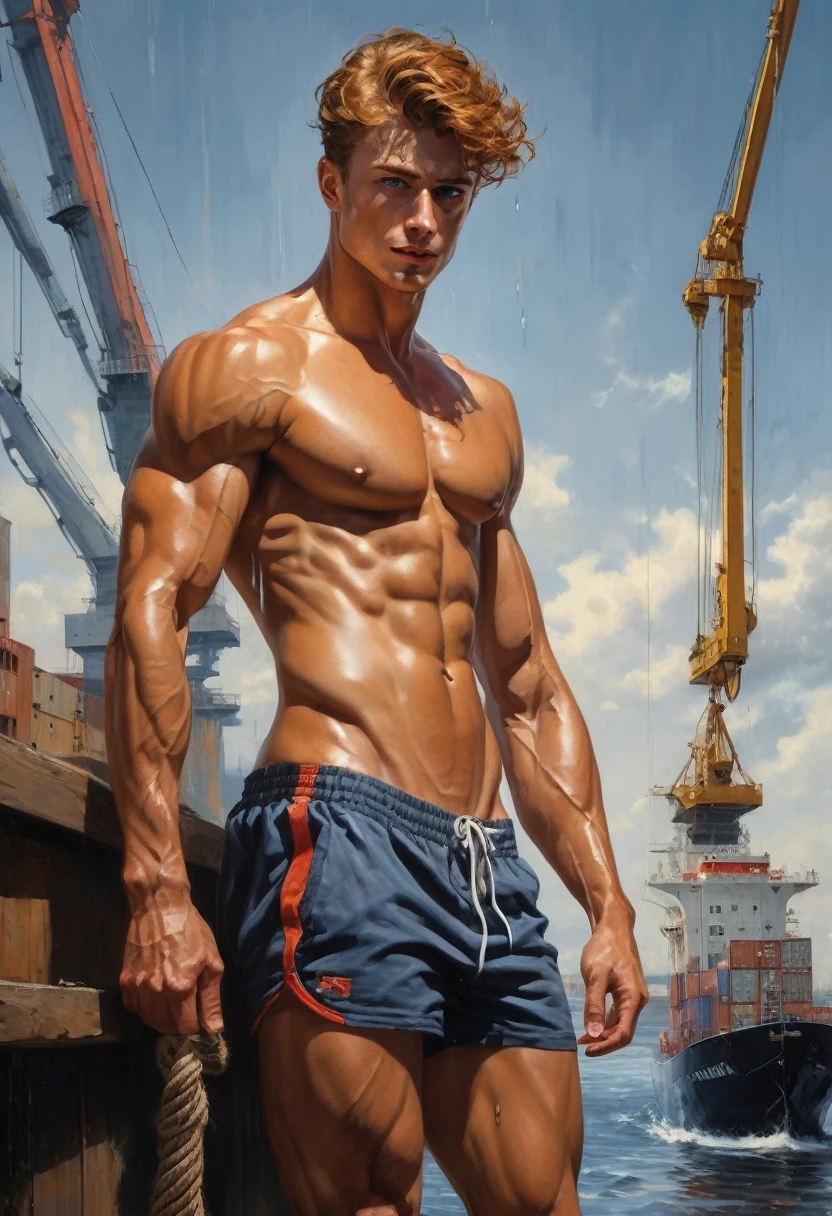 Industry: Transportation
Background: Port with containers and cranes.
Leg Position: Spread apart, in a stable stance.
Arm Position: Holding a thick rope with both hands.
Action: Tying up a boat.
Color Palette: Blues and grays.
Facial Expression: Strained and determined.
Model’s Facial and Physical Characteristics: Weathered face, strong and muscular.
generate the image with atmosphere of enthusiasm (( Highlight the rippling muscles smiling, their bodies glistening with droplets. The focus should be on the men's powerful physique, the background should be blurred to create a sense of movement and energy. evoking the strength, symmetry, beauty of the male body.)) by Aaron Horkey and Jeremy Mann, masterpiece, best quality, Photorealistic, ultra-high resolution, photographic light, illustration by MSchiffer, fairytale, Hyper detailed A mixture of photography and painting, simetryc Composition, Perfect Divine Proportione, 8k resolution fullbody image, oil painting intense dark colors palette A young man, white skin, latino, smoth body, thin face, straight nose, thin lips, square chin, large light black eyes, short black wavy hair, in roberto ferri style, aesthetic slim athletic body, ginger realistic skin, gorgeous, detailed tonned muscles, barefoot, perfect anatomy, muscled fitness body, Young man, perfect anatomy, , energetic splendid, Barefoot, naked, small flacid penis, slim and detailed muscles, shirtless, pantless, fullbody, wearing sandals, the composition of shadows and lights give an atmosphere of spaciousness, Intense Look at a fancy room: