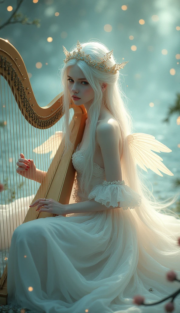 This image depicts a serene, ethereal scene featuring a delicate figure playing a harp. The character appears otherworldly, with pale skin and long, flowing white hair adorned with intricate, shimmering accessories. The setting seems to be a dreamy, celestial environment, filled with soft, glowing lights that enhance the magical ambiance. The figure's clothing is equally ethereal, with light, translucent fabric that adds to the otherworldly, almost angelic feel of the image.