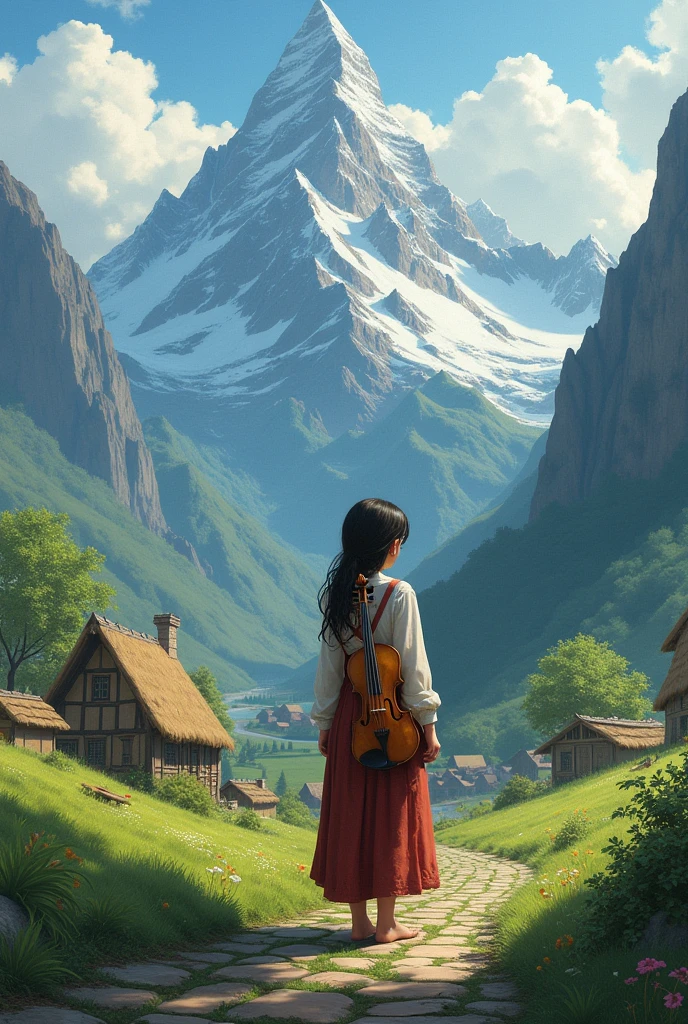 Dans un village isolé niché entre des montagnes majestueuses et des vallées verdoyantes, vivait une jeune femme nommée Elara. Elle était connue pour sa beauté, sa gentillesse et son talent pour la musique, qui envoûtait quiconque l’écoutait. Son violon, vieux et usé, semblait être le prolongement de son âme.