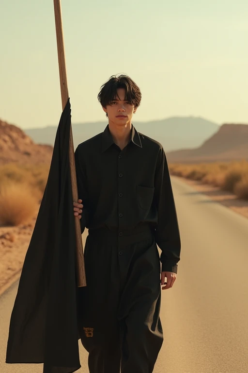 Create a realistic portrait photo with a warm cinematic perspective of a young man wearing a black modest outfit and with light black hair, walking on a semi-desert road, looking forward and carrying a black flag without any writings on it.  