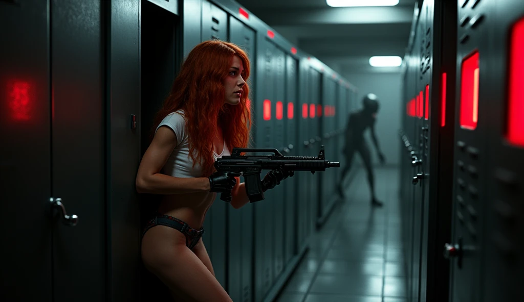 (full body shot:1) photorealistic image of a (standing pose:1) woman, ultrarealistic, photography, long red hair, woman, 24 years old, hourglass figure, perfect body, natural medium breasts, Full body picture, she is on a space station, in a dark corridor, only red alarmlights are on, she is wearing a tshirt and hot pants, she is holding a pulserifle, she is hiding inside of a locker, a xenomorph alien is walking in the background, she is scared