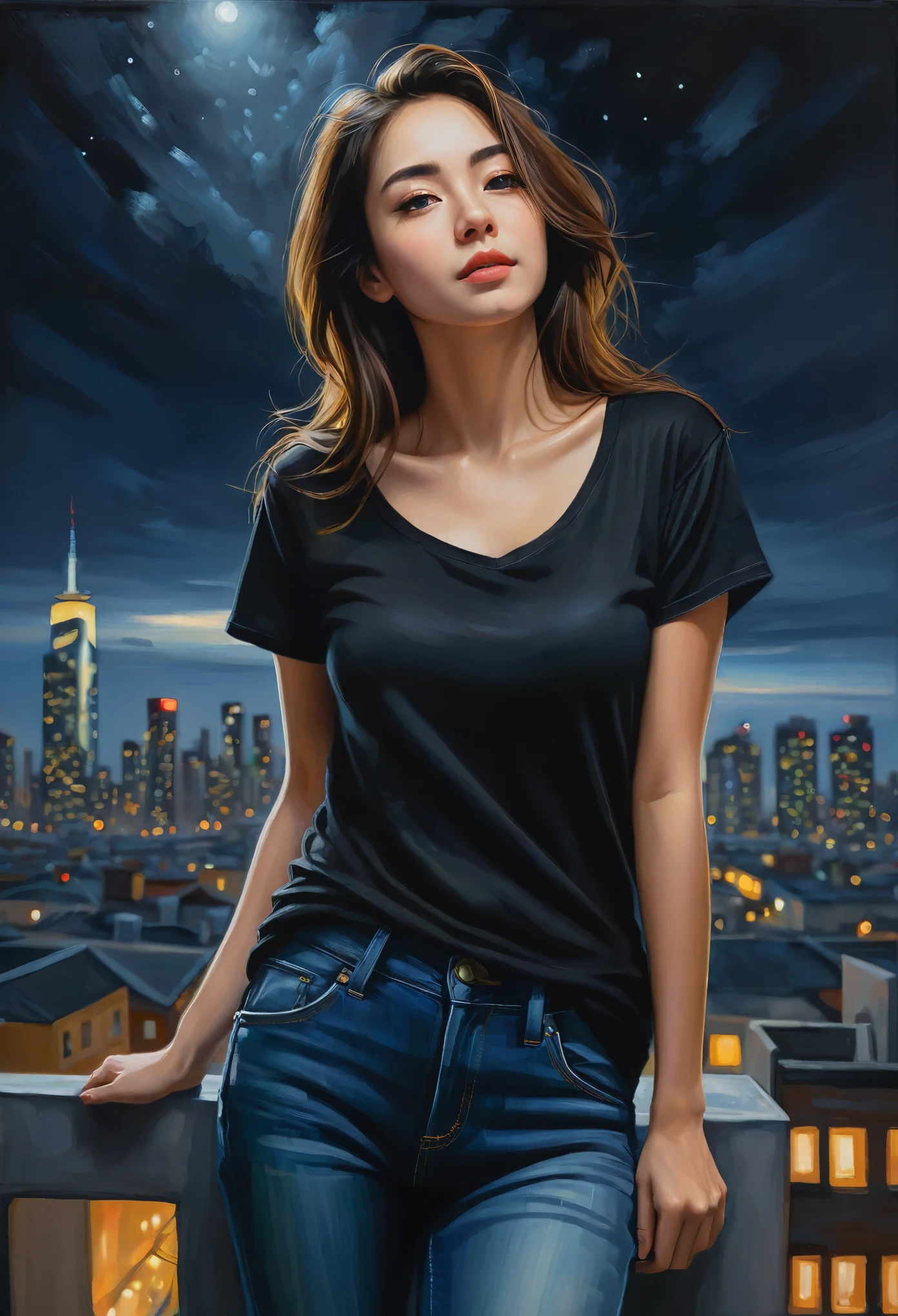 A deep stroke oil painting of A low-angle shot of a woman in a black loose t-shirt and fitted jeans standing on a rooftop overlooking a city. The city lights twinkle below enlighten her body figure, express her beautiful body, and she looks out at the horizon with a determined expression