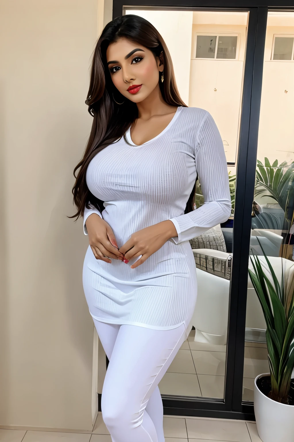 a woman in a gray shirt and pants, elegant glamourous cosplay, hyper real, flat curves, full body and face, technical suit, very symmetrical body, round cheeks, ads, vietnam, she is about 4 0 , long sleeve, skintight dress, wearing pajamas, curls and curves, advertising lighting