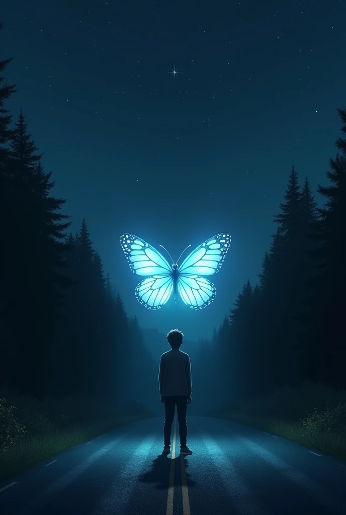 A  boy saw a glowing butterfly at night in the middle of the road.