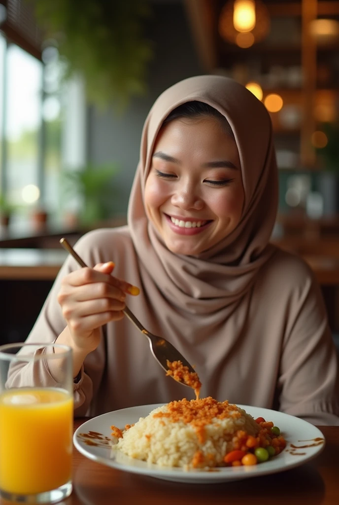 A Malay lady wearing hijab eating nasi lemak in the restaurant.in front of her there is fresh orange in the glass.she is smiling with mesmerising expression.