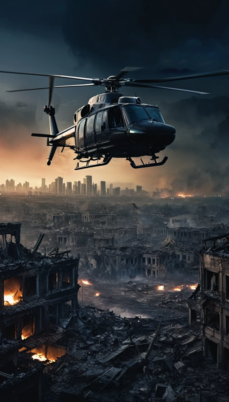 a helicopter flying over a destroyed city , dark , burnt city ,night view