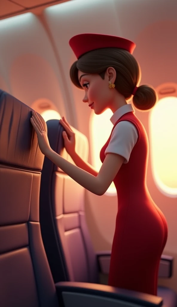 A flight attendant with brown hair an airplane checking the cabin, 3d , pixar style,  cinematic, masterpiece, realistic 