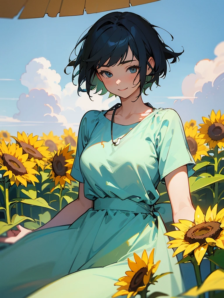 master piece, best quality, for below, cinematic angle, upper body , pigeon toed,
Anime-style Moe illustration, summer vacation theme, 20-year-old woman, sunflower field, short hair,
Picnic Maxi Dress, slightly inner thighs, smile, accurate drawing, Active pose, Active Angle,