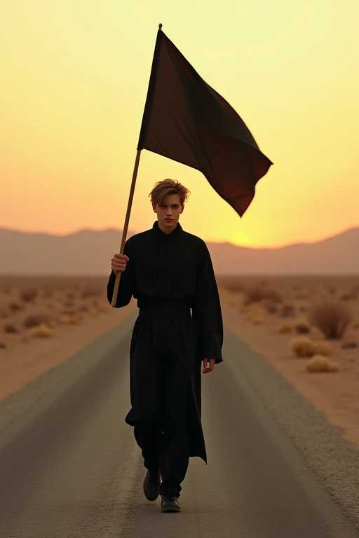 Create a realistic portrait photo with a warm cinematic perspective of a young man wearing a black modest outfit and with light black hair, walking on a semi-desert road, looking forward and carrying a black flag without any writings on it.