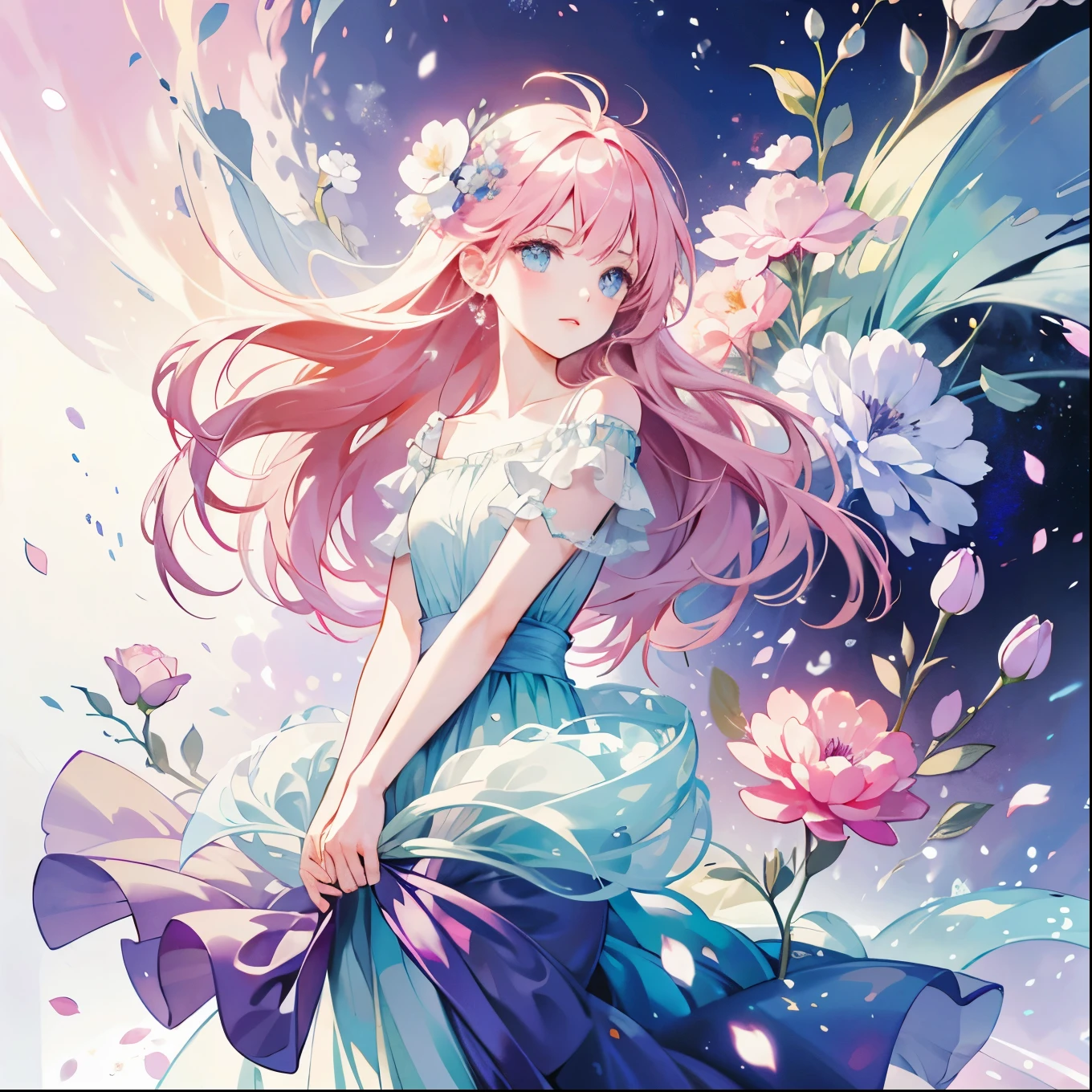 1girl,flower, Lisianthus ,in the style of light pink and light azure, dreamy and romantic compositions, pale pink, ethereal foliage, playful arrangements,fantasy, high contrast, ink strokes, explosions, over exposure, purple and red tone impression , abstract, brush strokes, negative space,