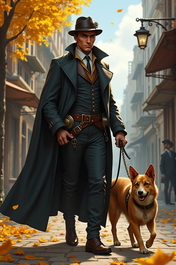 Steampunk style, male detective with a dog, on the streets of an old autumn city, yellow leaves, detailed face, big eyes, mysterious, detective's cloak, boots, suit, rich colors, steampunk style