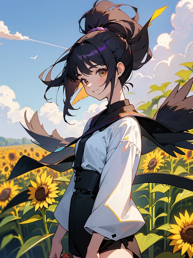  master piece, best quality, for below, cinematic angle, upper body , pigeon toed,  
Anime-style Moe illustration,  summer theme, 16-year-old woman, sunflower field, ponytail hair, purple ombre pink hair, black ayes, black oversize hodie, slightly inner thighs, smile, accurate drawing, Active pose, Active Angle, 
