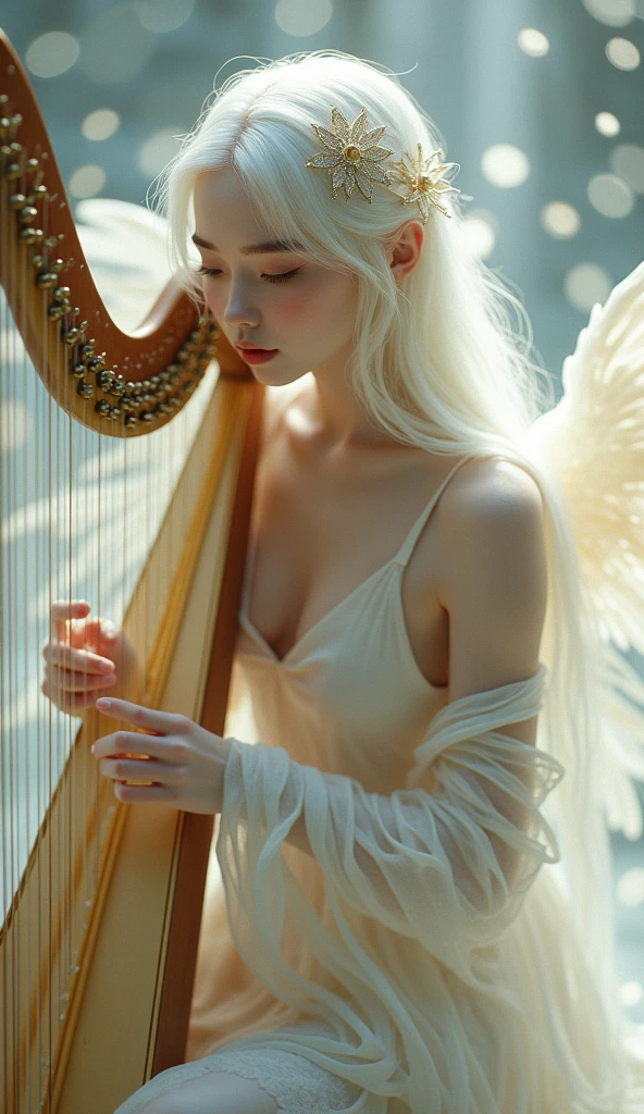 This image depicts a serene, ethereal scene featuring a delicate figure playing a harp. The character appears otherworldly, with pale skin and long, flowing white hair adorned with intricate, shimmering accessories. The setting seems to be a dreamy, celestial environment, filled with soft, glowing lights that enhance the magical ambiance. The figure's clothing is equally ethereal, with light, translucent fabric that adds to the otherworldly, almost angelic feel of the image.