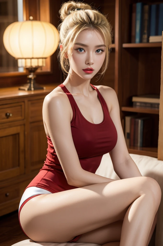 best quality, 4k, 8k, (masterpiece:1.2), ultra-detailed, realistic, photo-realistic:1.3, attention to detail, 4K, ultra detailed body, fit body, seductive, sexy, Chinese, highly detailed face, hourglass figure, blonde, high bun hairstyle, blue eyes, black eyeliner, red lips, red nails, sport shorts, tank top