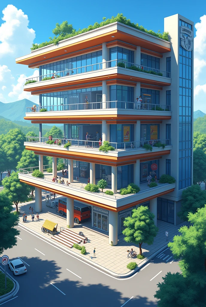 This is a main entrance for a university. A four story building which has a rectangular floor area. The students will enter to the building from the first floor level, which is with the road level. Then they have to go down to the ground floor to enter the university. In this floor a convenient store and medical center are located. An administrative office is on the second floor and a student lounge is on the third floor. The first floor level also has a drive through. I want to highlight blue and orange colors