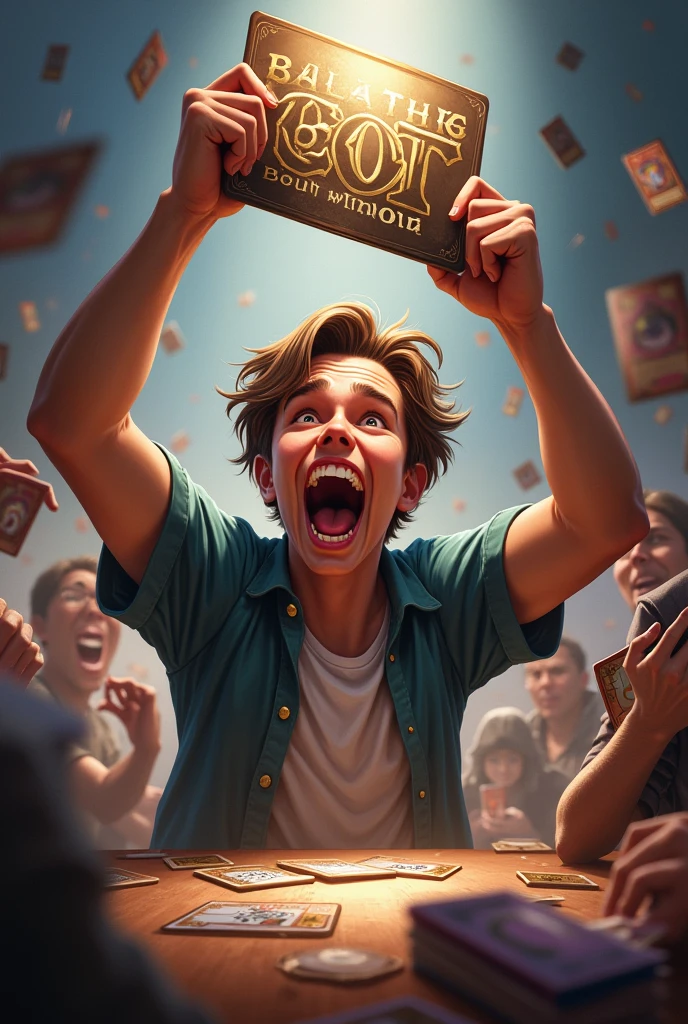When you draw your best card on the last turn"
Prompt: A person with a look of pure joy and disbelief, holding up a card with an excited expression. Background should show a TCG setting, like a table with other cards. Text: "The plot twist no one saw coming