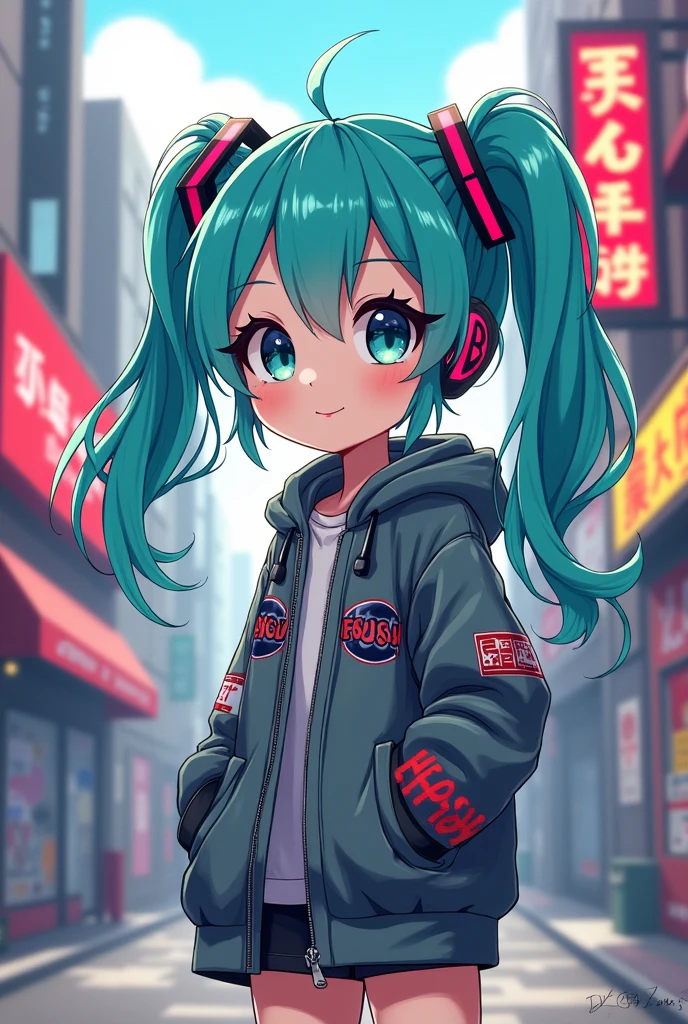 cute anime character girl, Hatsune Miku, great style, baggy hip-hop fashion