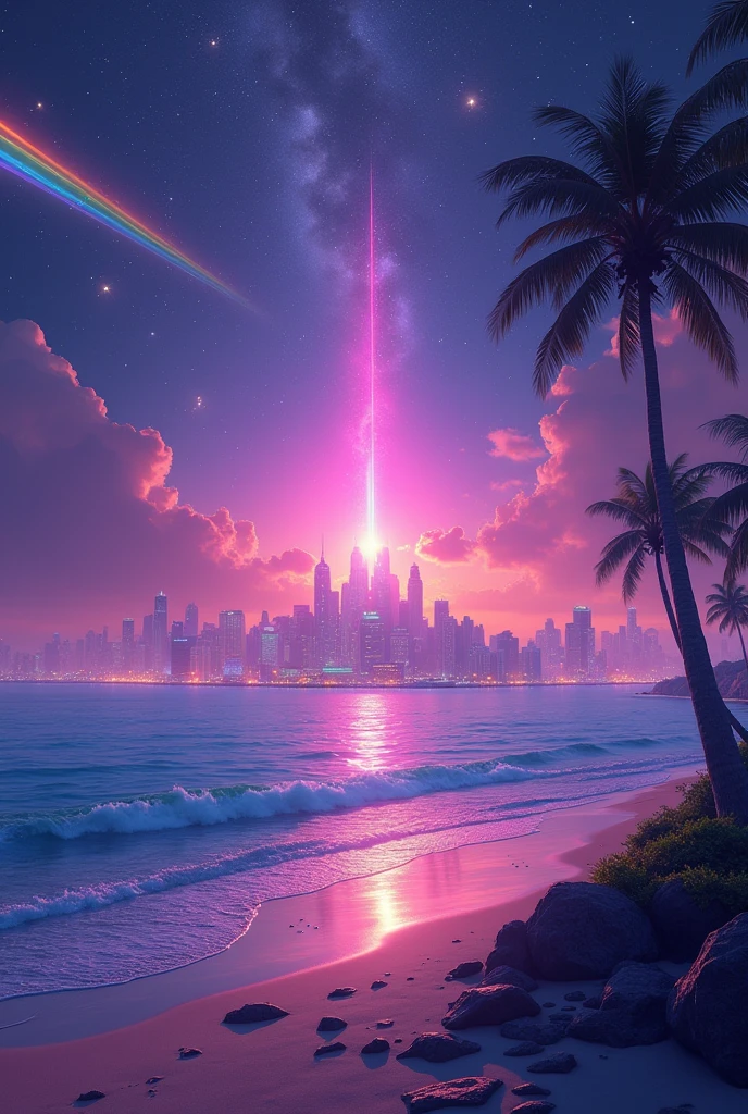 In the lower right corner there is a small isolated island showing only the edge of the beach、In the background there is a city with large buildings in the distance, A bright night, Starry Sky, An island in the middle of the sea, A distant city on the horizon, (Take the key: 1.2), (shooting star: 0.9), (A warm light source: 1.2), (fire Fly: 1.2), lamp, Light purple and neon blue,luzes Magicsm detalhes complexos, Volumetric lighting (first work: 1.2), (Better Quality), 4K, Ultra-detailed , (Dynamic Composite: 1.4), Highly detailed colorful details (A rainbow-colored core: 1.2), (Bright lighting, Atmospheric lighting), dreamer, Magic, (alone: 1.2)