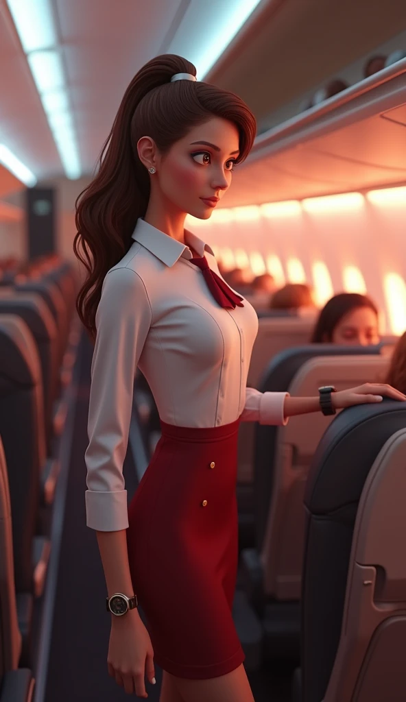 A flight attendant with brown hair an airplane checking the cabin, 3d , pixar style, cinematic, masterpiece, realistic