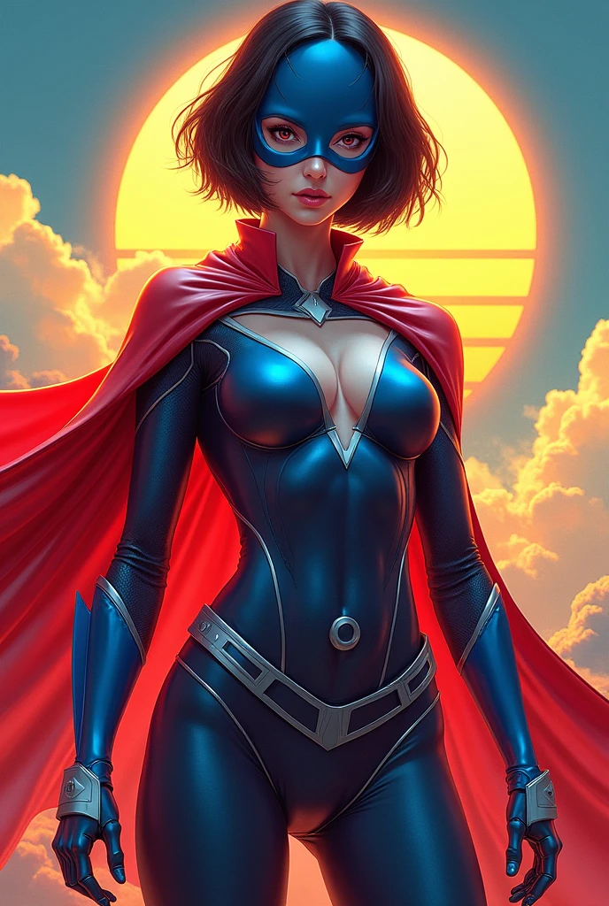 Female, age 25-30, japanese, dark hair, bob cut, muscle, full body, costume: blue metallic domino mask, blue choker, blue cape, sleeveless red spandex with white sides, up side down white triangle symbol, O-shape belly window, blue undies, thighs out, white thigh-high socks, blue boots, red fingerless gloves, white shooter sleeves, metallic bands on wrists and boots, sun background