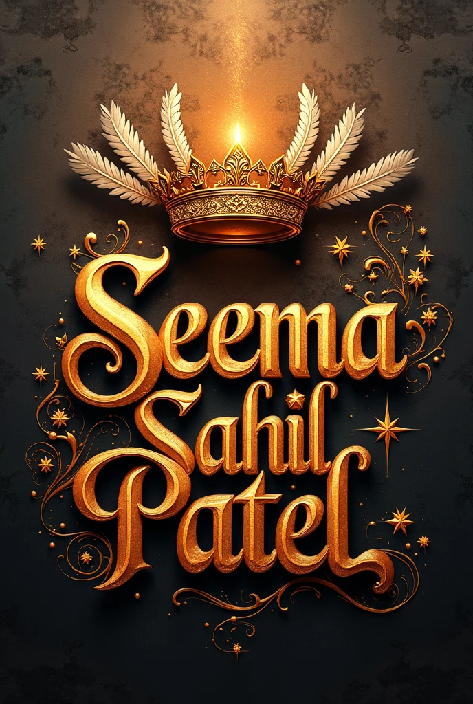 Seema Sahil Patel écrit de grande taille en or inclure une couronne embellir par des plumes et des étoiles