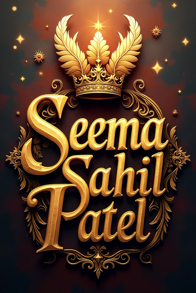 Seema Sahil Patel écrit de grande taille en or inclure une couronne embellir par des plumes et des étoiles