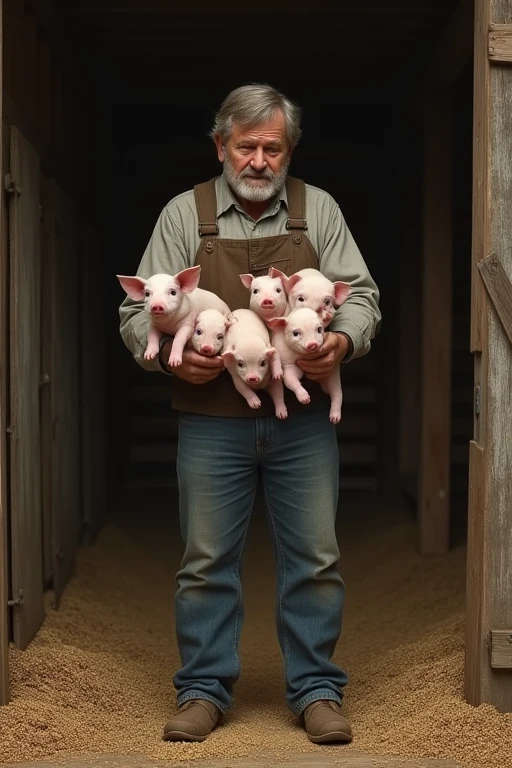 Man holding some pigs in his hand realistic image and some feed on the ground in a barn