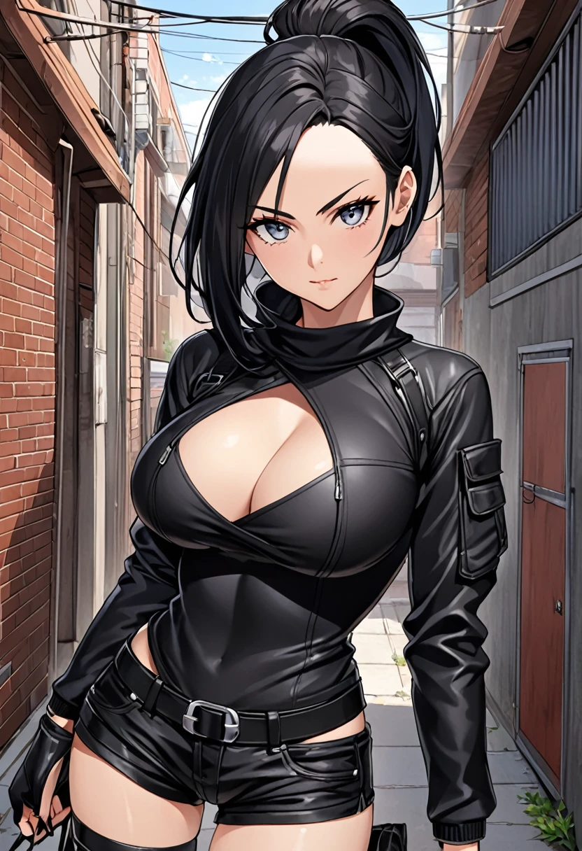{Highest quality}{1 female, 25 years old}{Fighter}{Black Hair、Long Hair、ponytail}{forehead、Forehead}{Big Breasts}{Grey Eyes、Slanted Eyes、Squint your eyes}{Holder neck knit}{Black leather-look low-rise shorts、Knee-high boots}{Umbilical cord、Shoulder Bare}{strong}{alley}Parted bangs,