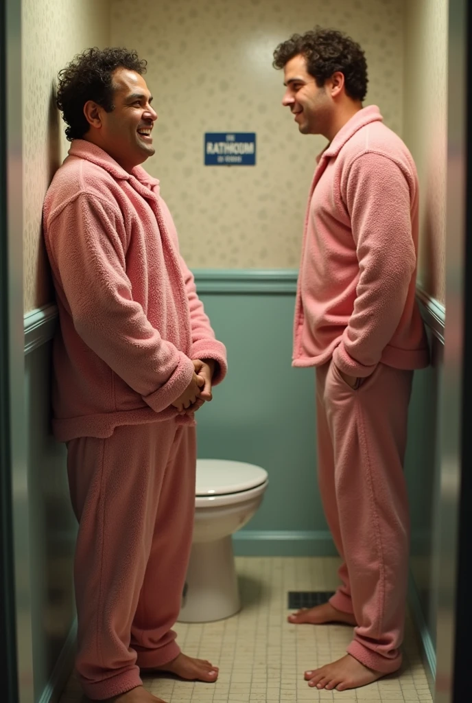 Kevin Chamberlin in fuzzy pajamas clutching both hands tightly in his crotch, a sign with text 'Bathroom' on the wall, with a rear view of Cameron Boyce in pajamas standing near the toilet peeing with urine visible.