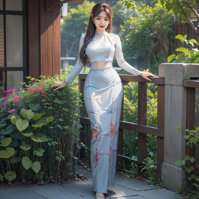 Burmese girl with attractive curvy full body. Friends full-length bikini, (♥️ reb dress) reflective long dress painted with flower patterns, only dress. hi gh hips High resolution High resolution natural background High resolution HD 3D, 8K cartoon anime