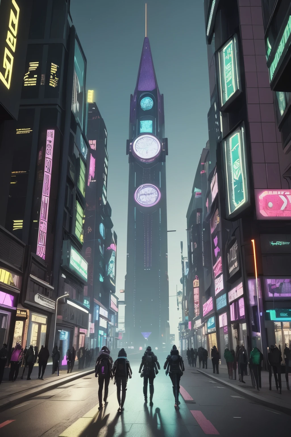 people walking in a city at night with a large clock tower in the background, in a futuristic cyberpunk city, futuristic cyberpunk scenario, arstation and beeple highly, in fantasy sci - fi city, sci-fi cyberpunk city street, busy cyberpunk metropolis, 3 d render beeple, cinematic beeple, cyberpunk city street, in style of beeple